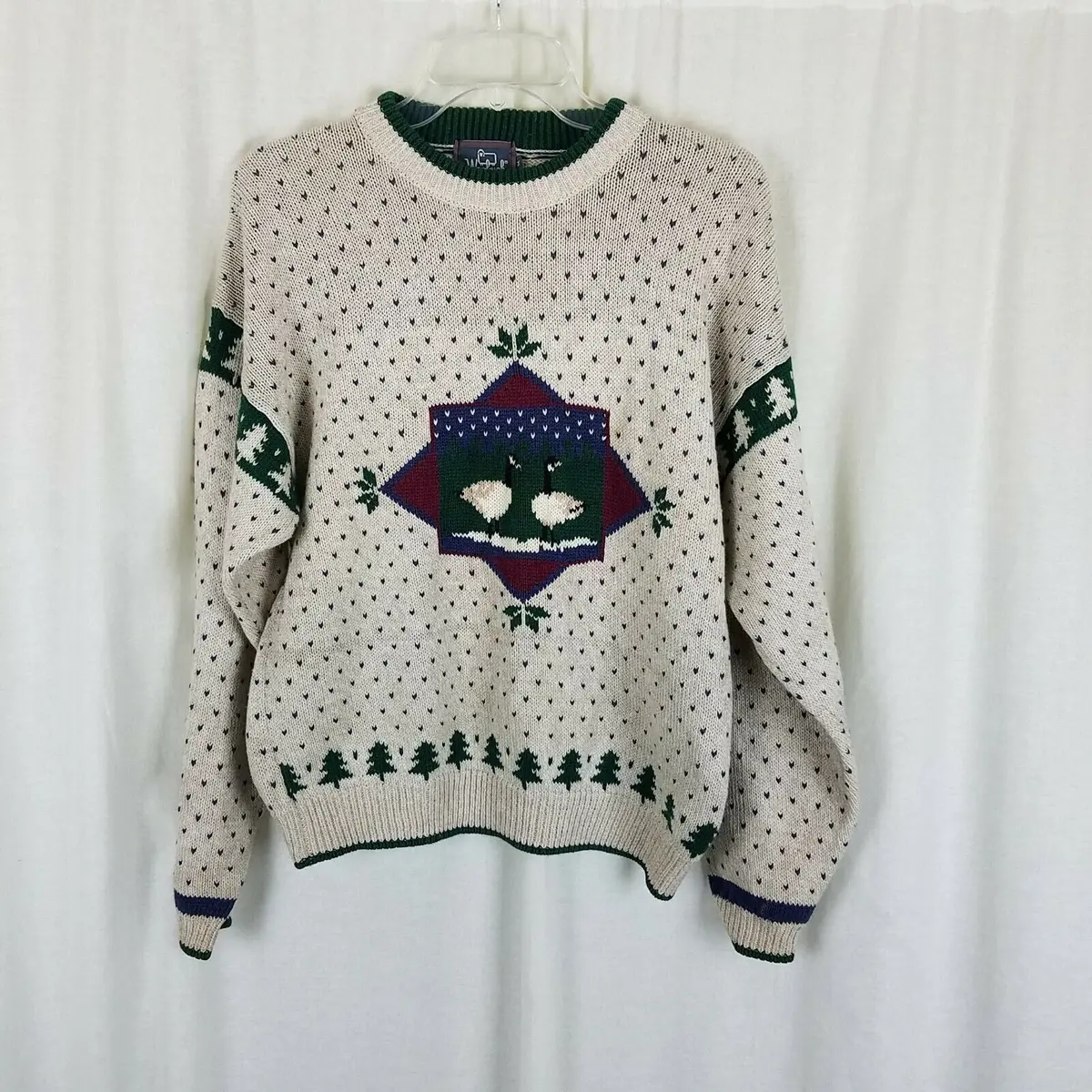 Vintage Woolrich Bird Geese Birdseye Knit Crewneck Sweater Men M Christmas Trees 1