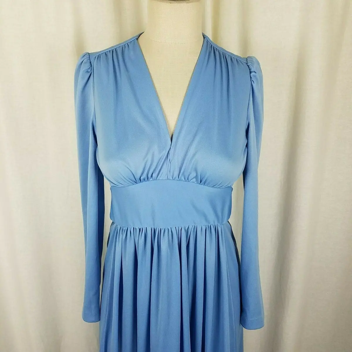 Vintage 70S Long Pleated Plunge Maxi Goddess House Dress Womens S 5 Pale Blue 1