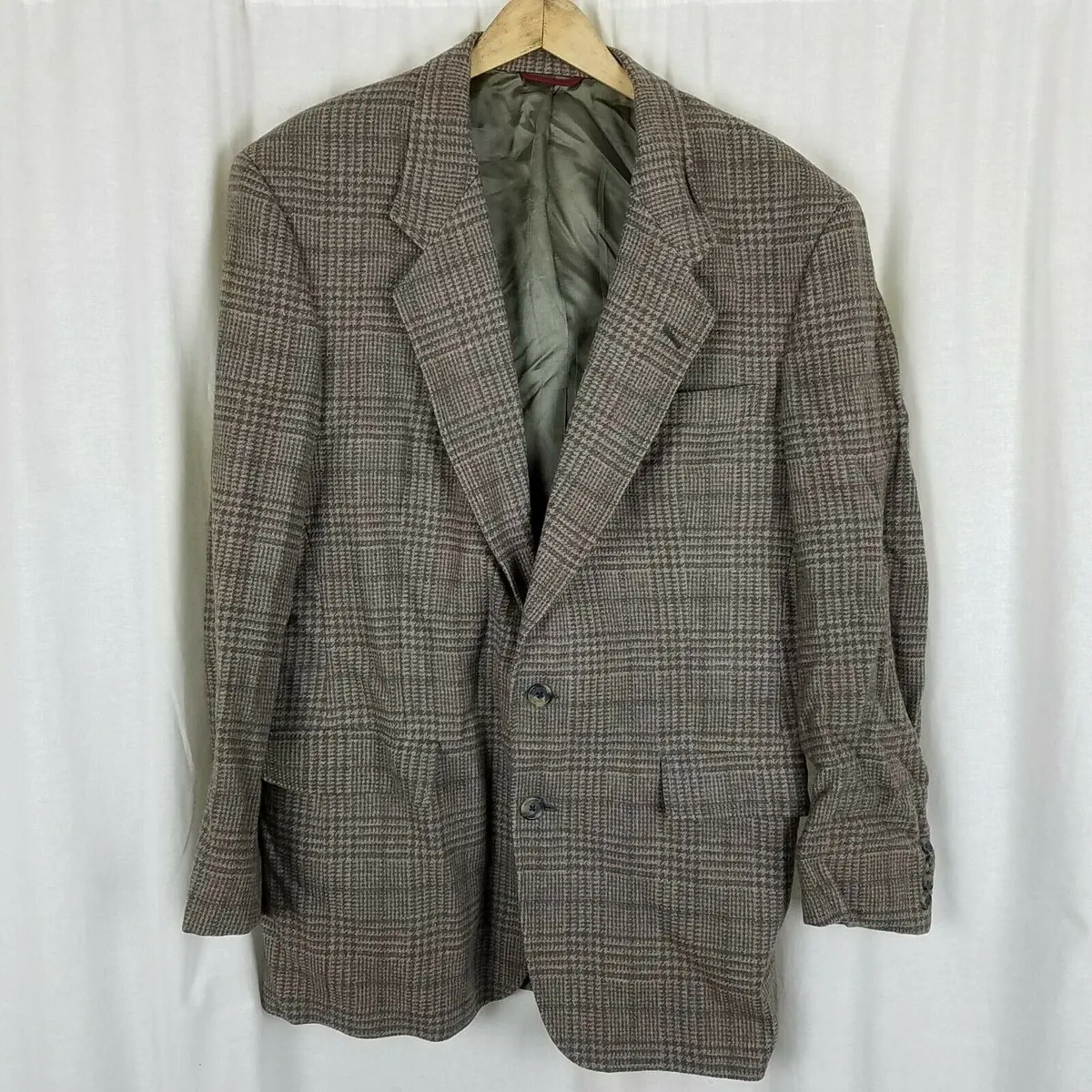 Hart Schaffner & Marx Plaid Pure Wool Sportcoat Jacket Blazer Mens 42L Tan Olive 1