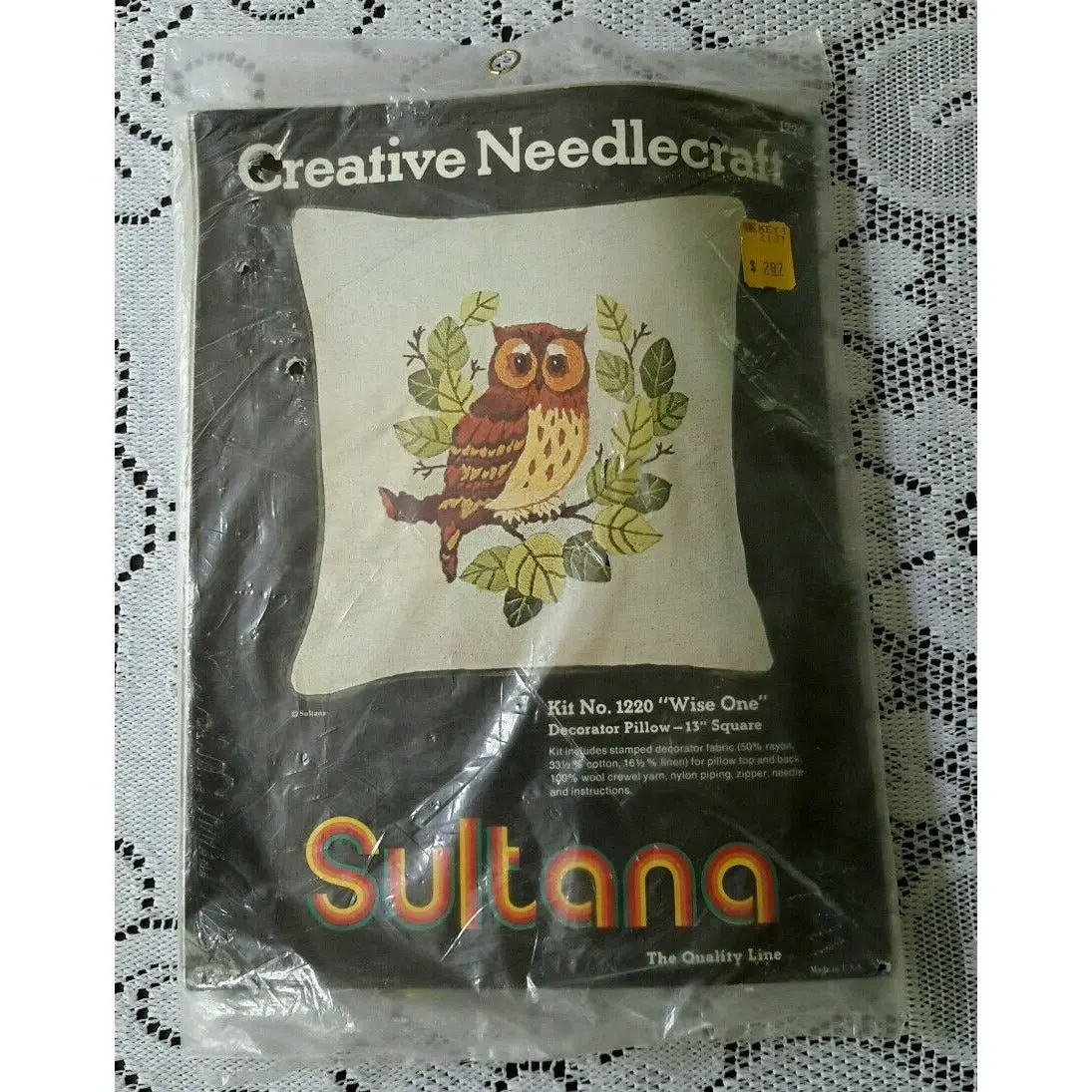 70'S Sultana Wise One Owl 13" Decorative Pillow Kit Wool Crewel Yarn Fabric Usa 1