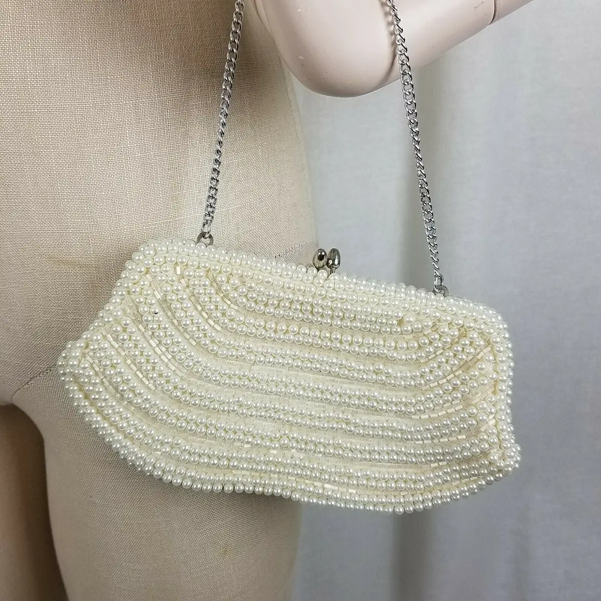 Vintage Beaded Pearl Purse Japan Ivory Handbag Metal Chain Wedding Formal Prom 1
