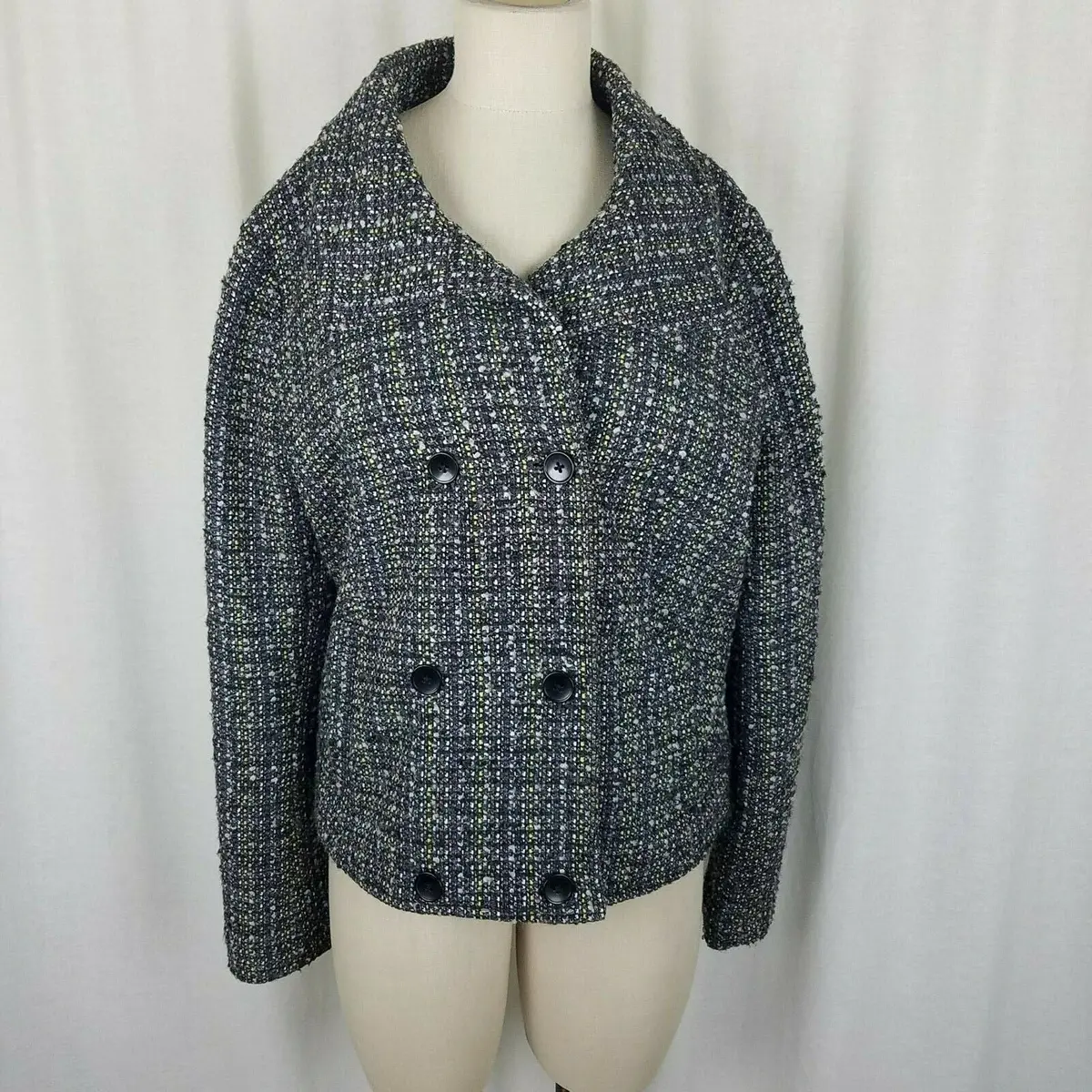 Gap Double Breasted Striped Mottled Tweed Wool Jacket Blazer Womens L Charcoal 1