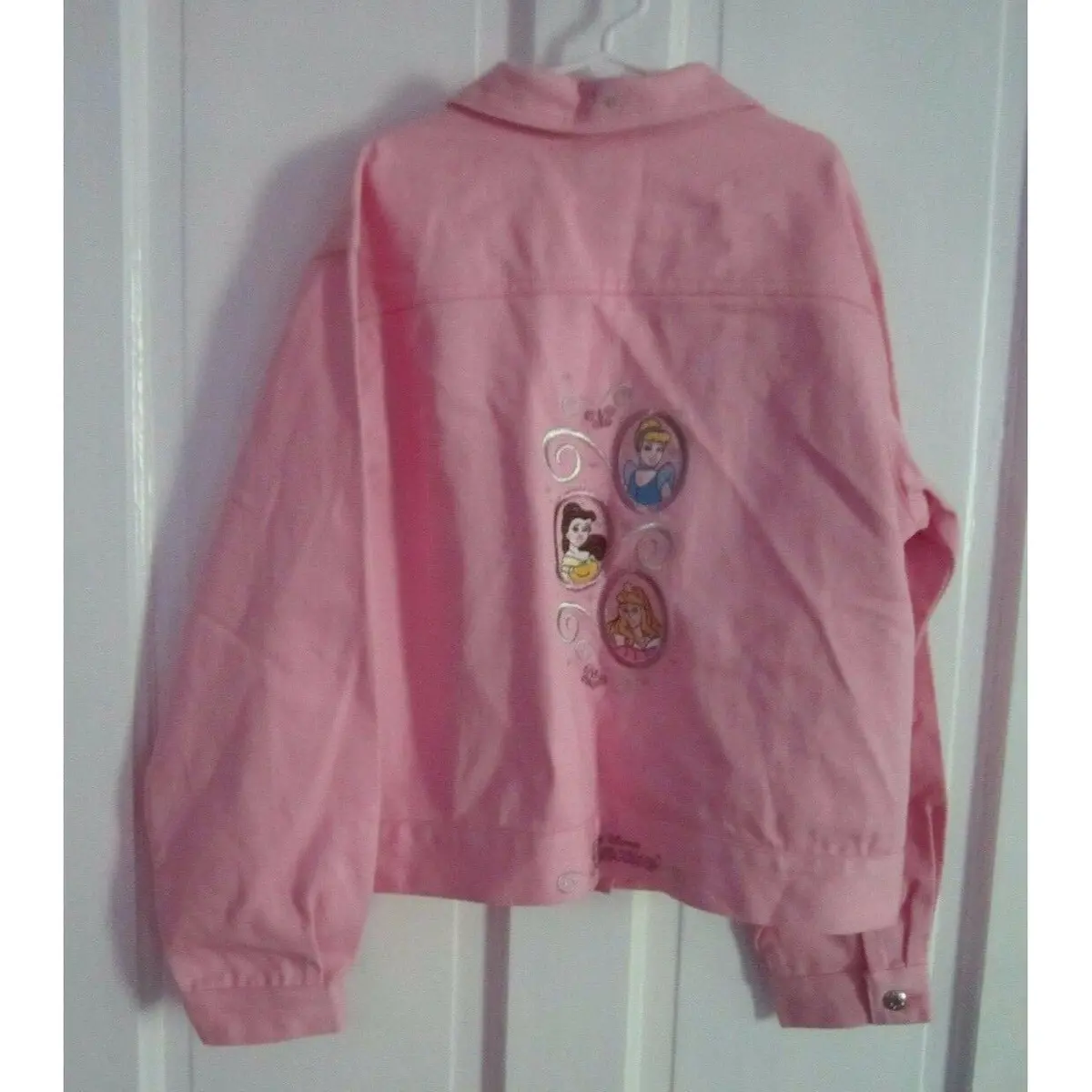 Disney Princesses Embroidered Pink Denim Jean Trucker Jacket Girls L Floral 1
