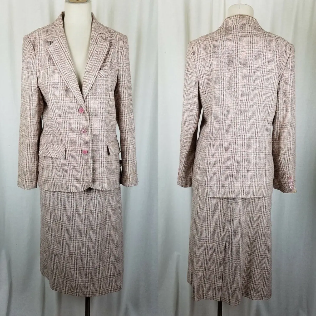 Country Suburbans Wool Plaid Tweed Blazer Jacket Skirt Suit Womens 12 Usa Pink 1