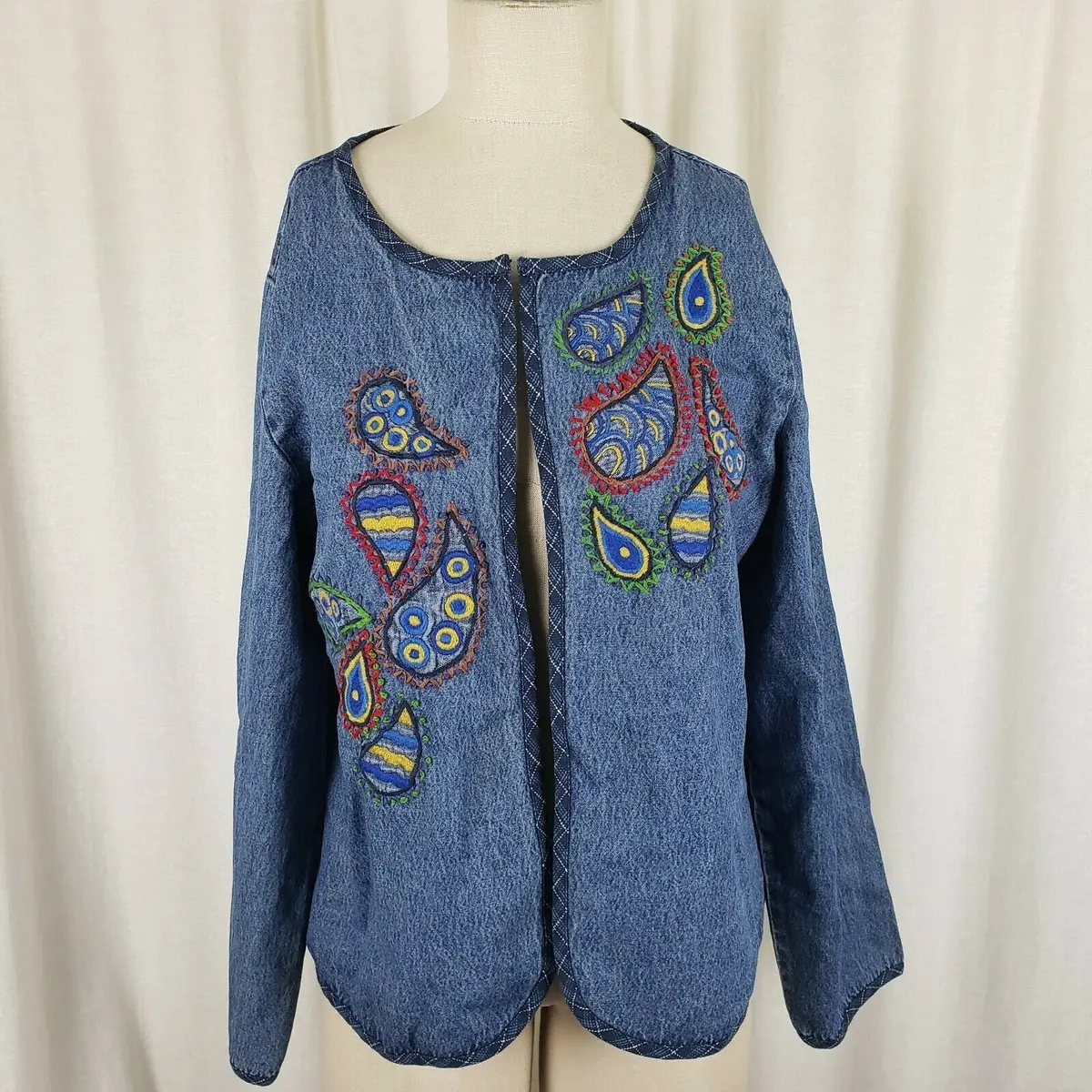 Serengeti Open Front Embroidered Paisley Denim Blue Jean Wrap Jacket Womens L 1
