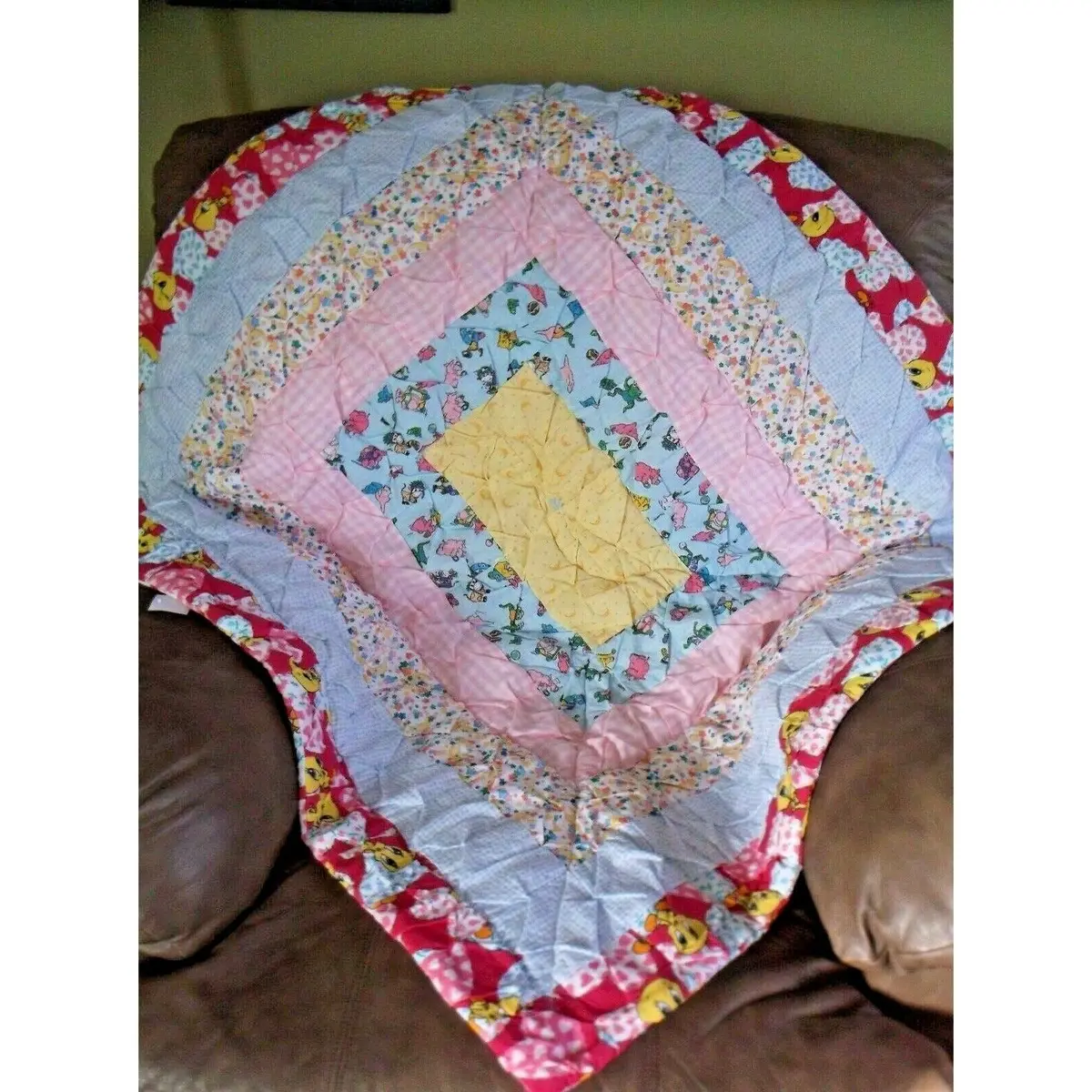 Vintage 70S Handmade Quilted Double Sided Patchwork Baby Lap Quilt Blanket 38X44 1