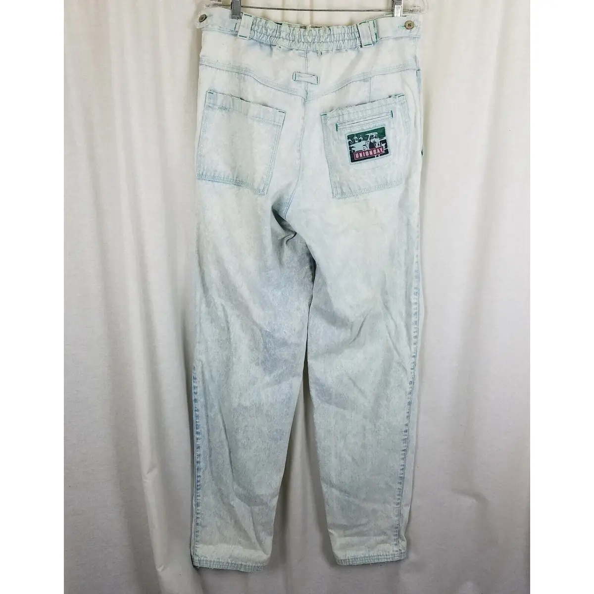 Vtg Unionbay Buckle Back High Waist Acid Bleached Jeans Blue Denim Womens 33 80S 1