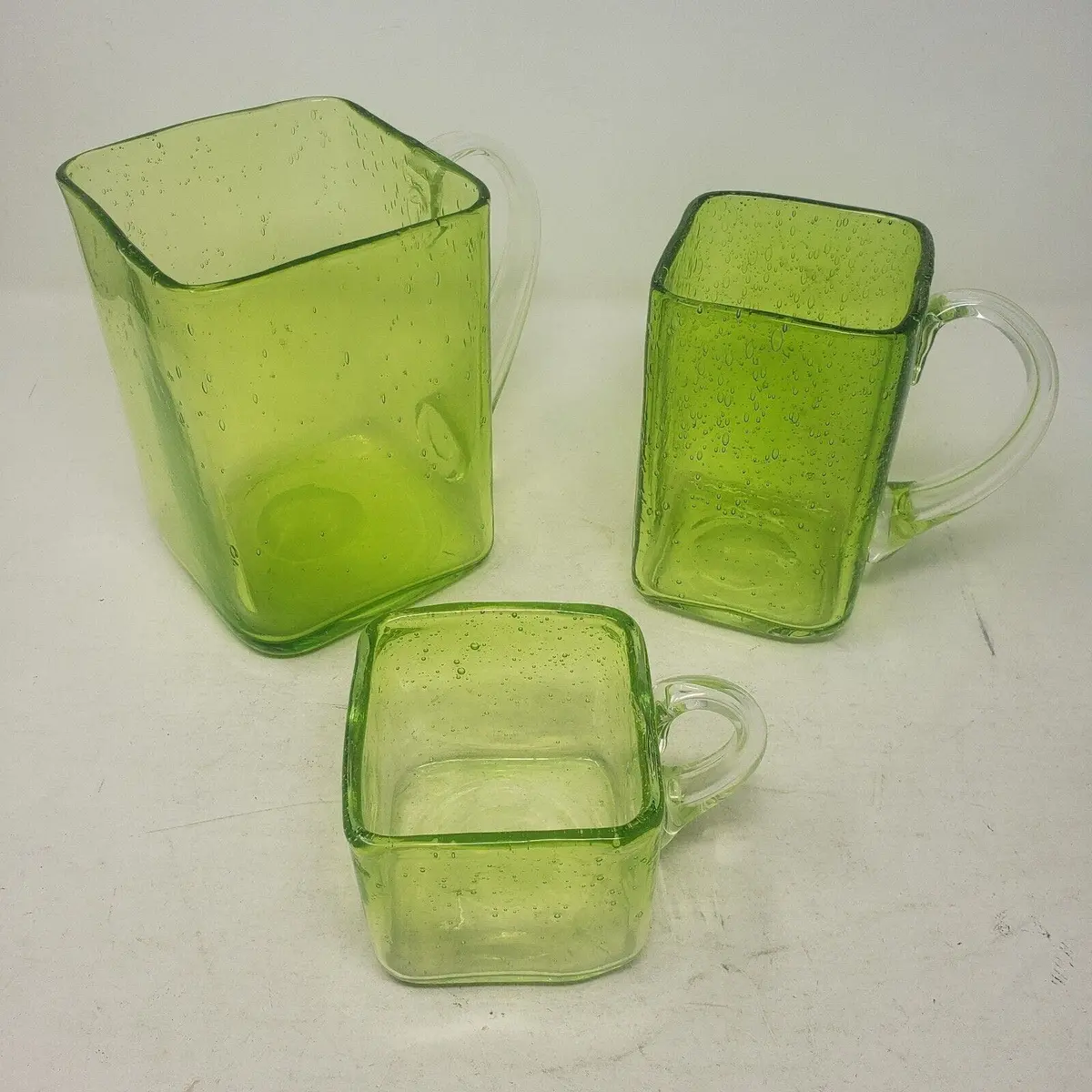Vintage Graduated Size Mug Handles Square Bubble Glass Vase Cups Set Of 3 Lime 1