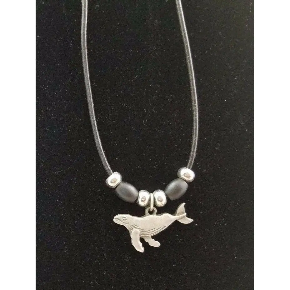 Humpback Whale Pewter Silver Black Rope Beaded Necklace Pendant Charm Jewelry 1