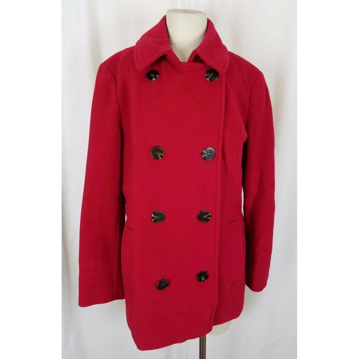 Calvin Klein Wool Long Peacoat Medium Length Coat Womens M Red Double Breasted 1