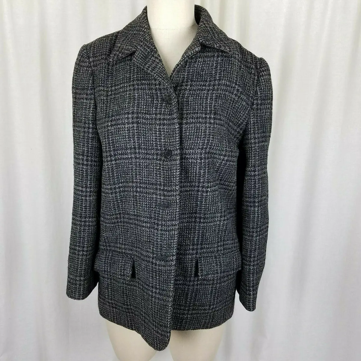 Perry Ellis Wool Windowpane Plaid Woven Peacoat Coat Jacket Womens Size 8 Black 1
