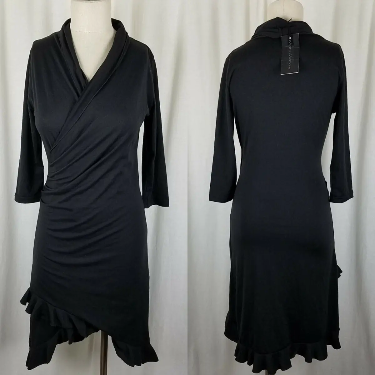 Matti Mamane Black Ruffled Ruched Faux Wrap Jersey Knit Dress Womens 1 S Nwt 1