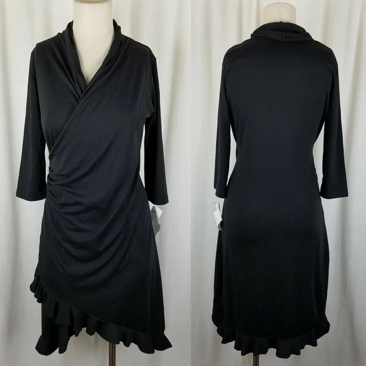 Matti Mamane Black Ruffled Ruched Faux Wrap Jersey Knit Dress Womens 2 M Nwt 1