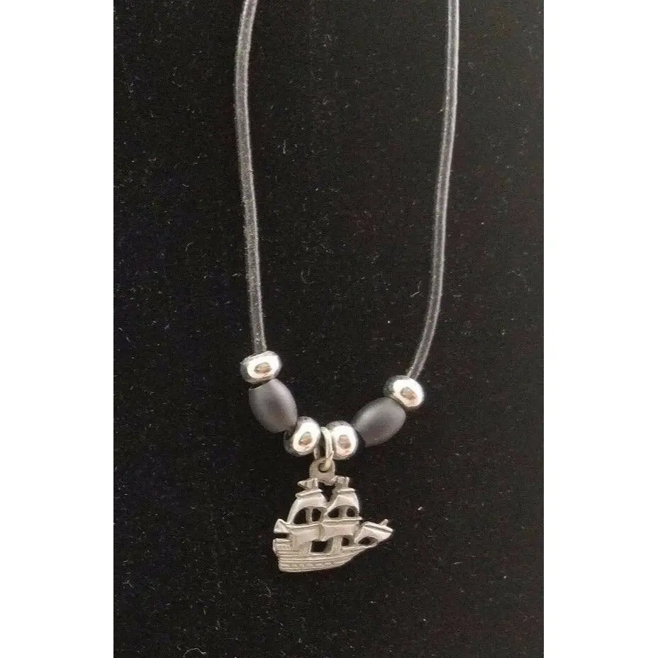 Tall Ships Pirate Pewter Silver Black Rope Bead Necklace Pendant Charm Jewelry 1