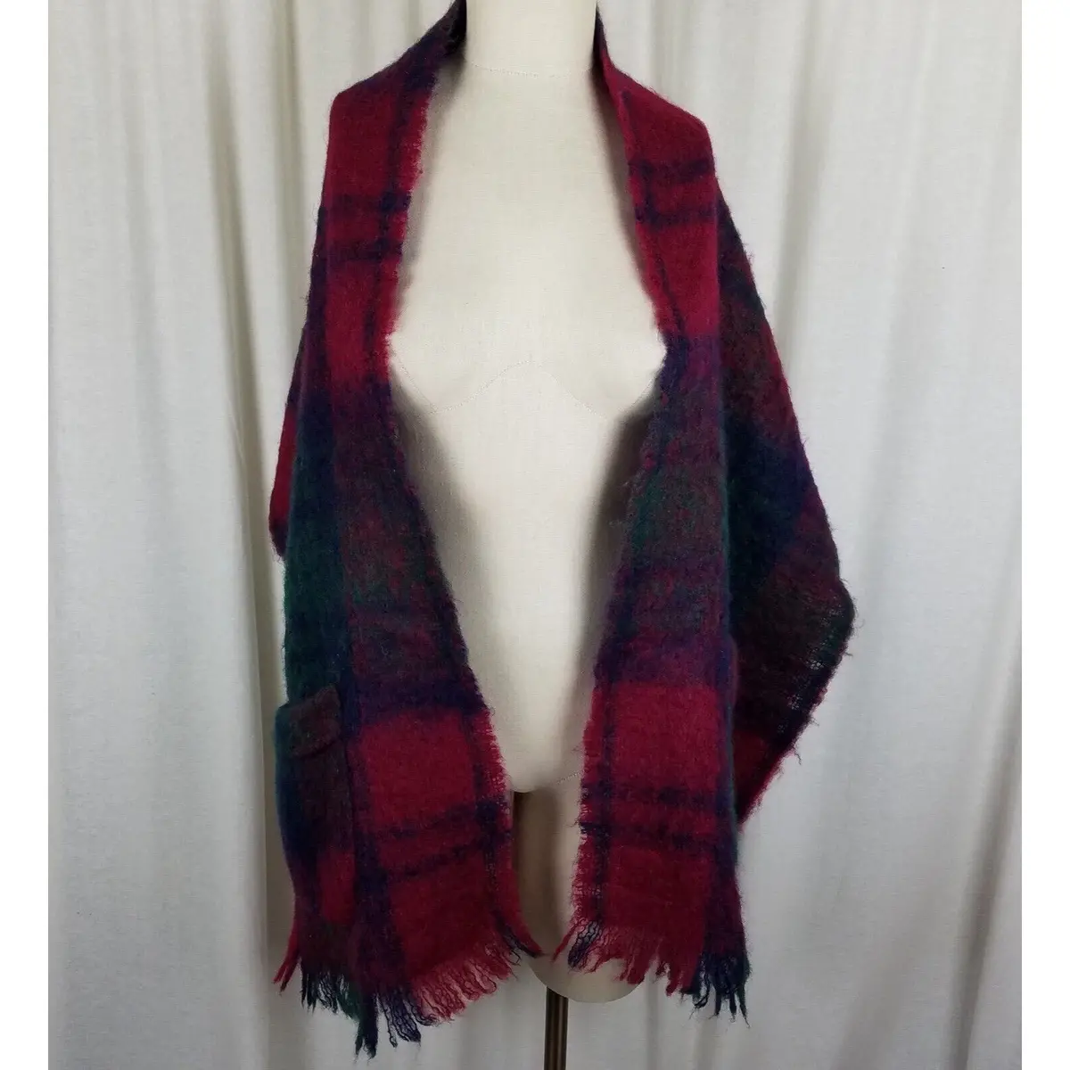 Glentana Made In Scotland All Mohair Pile Plaid Fringe Scarf Wrap Pockets Womens 1
