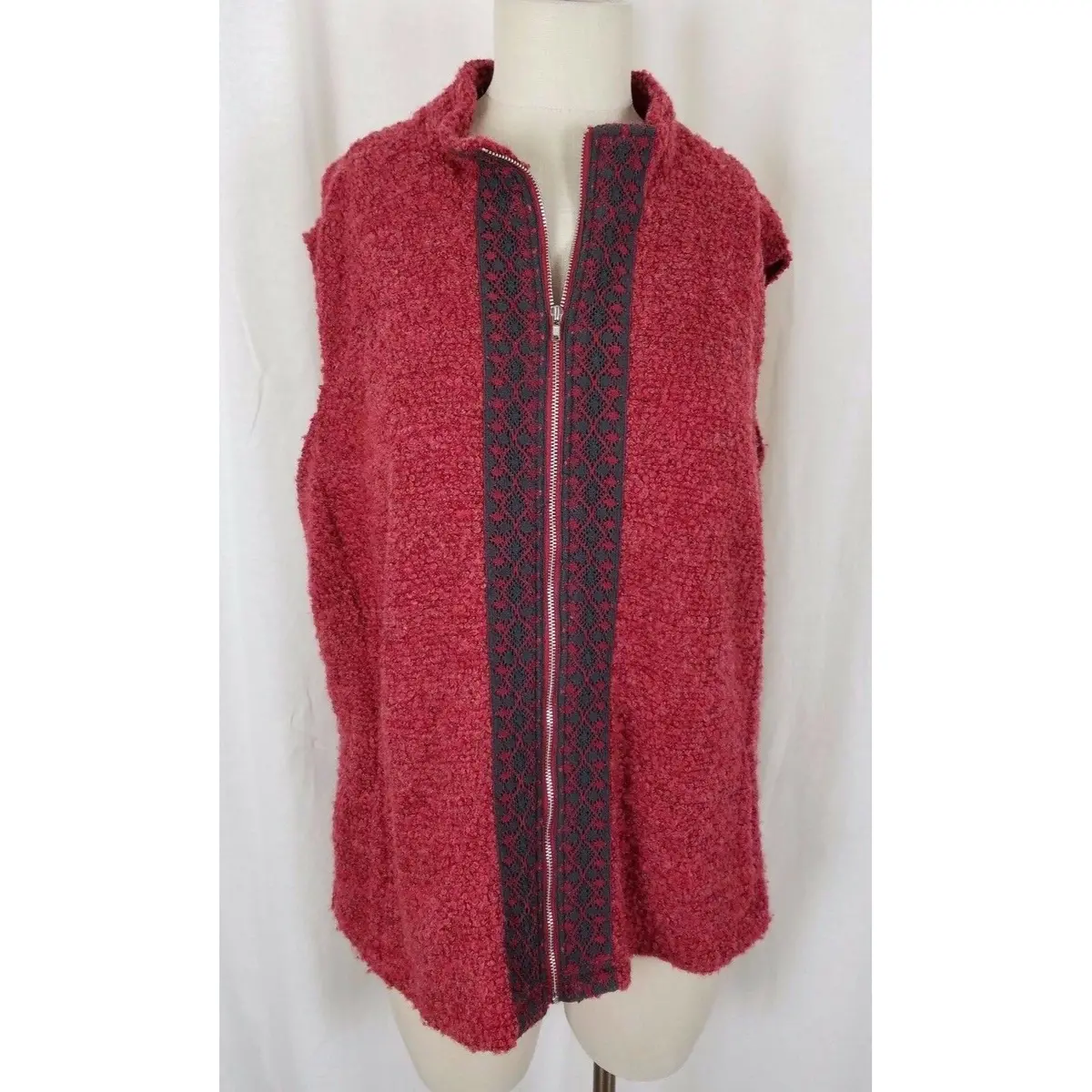 Coldwater Creek Red Berber Popcorn Fleece Ribbon Trim Zip Up Vest Red Womens L 1