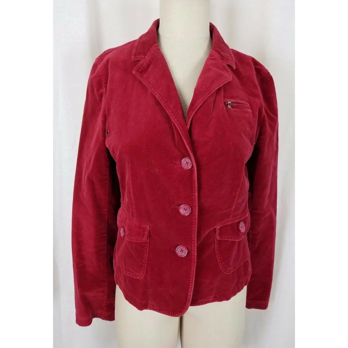 American Eagle Red Velvet Cropped Jean Jacket Blazer Womens M Fitted Tailored 1