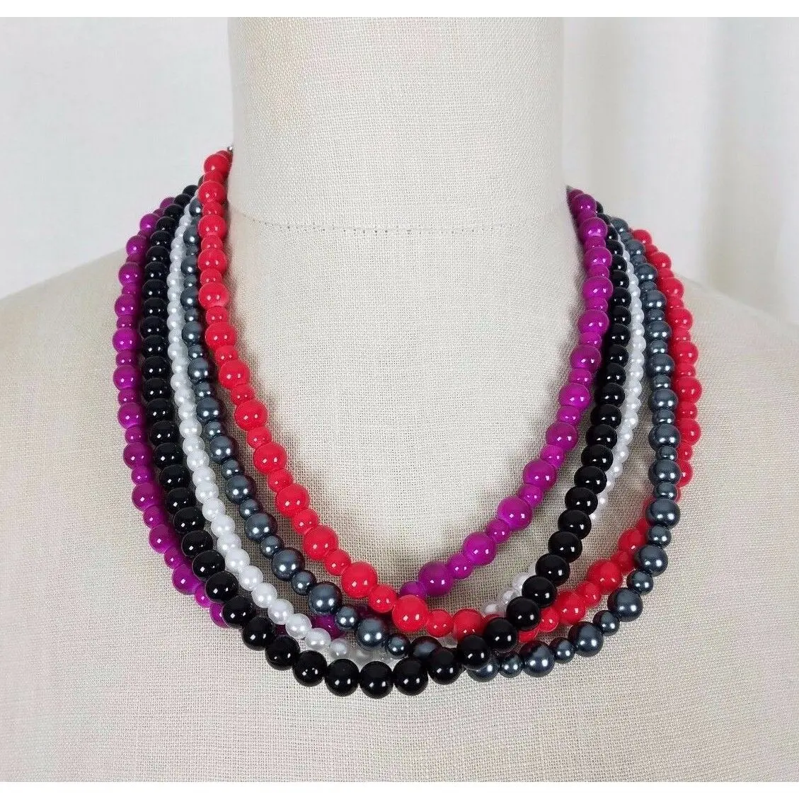Multistrand 5 Strand Faux Pearls Colorful Statement Beaded Necklace Contemporary 1
