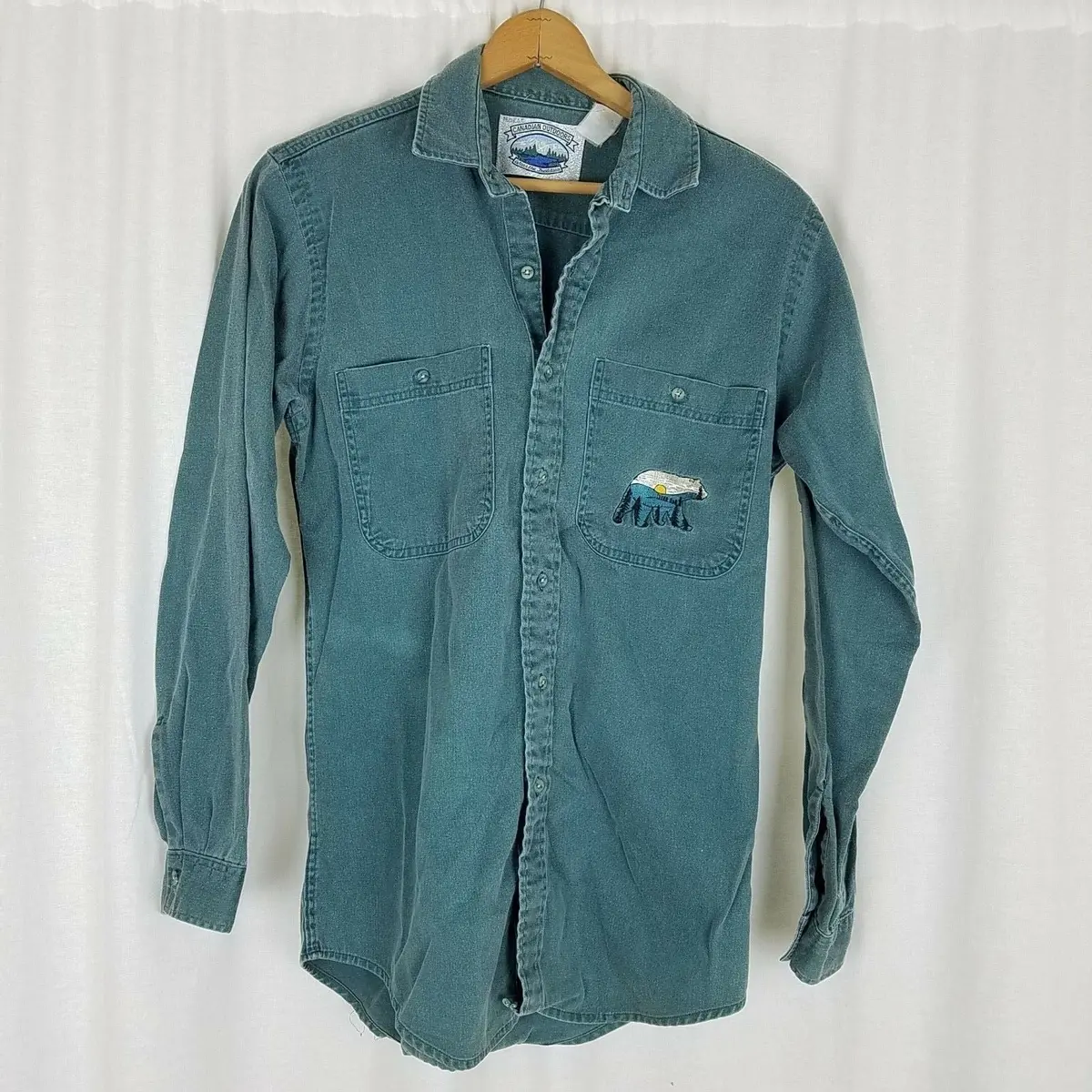 Canadian Outdoors Green Chambray Denim Jean Ls Shirt Mens L Xl Embroidered Bear 1
