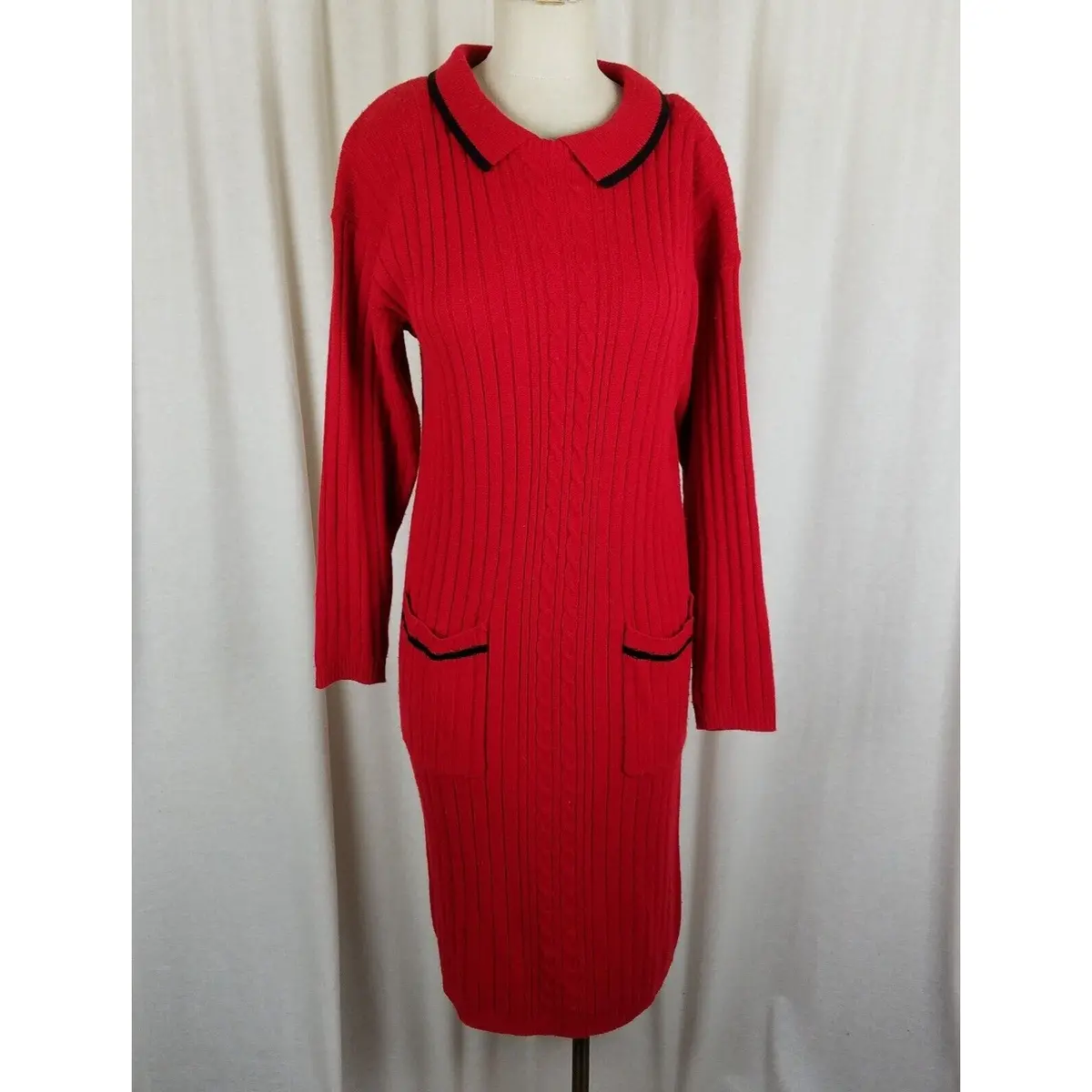 Vintage Just Mort Ribbed Cable Knit Collared Sweater Dress Womens Sz M 80S Black 1