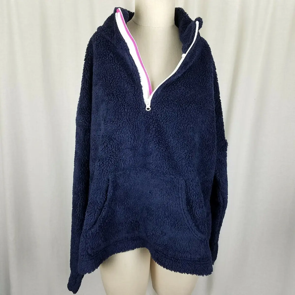 J Crew Berber Deep Pile Sherpa Fleece 1/4 Zip Sweatshirt Jacket Womens Xl Navy 1