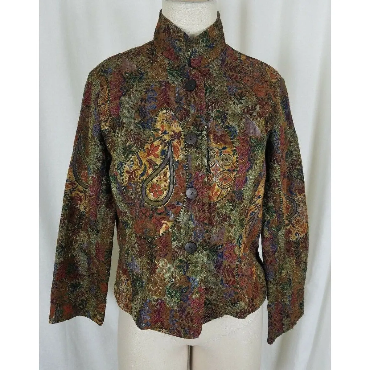 Coldwater Creek Boucle Tapestry Paisley Print Funnel Neck Jacket Womens Ps 1