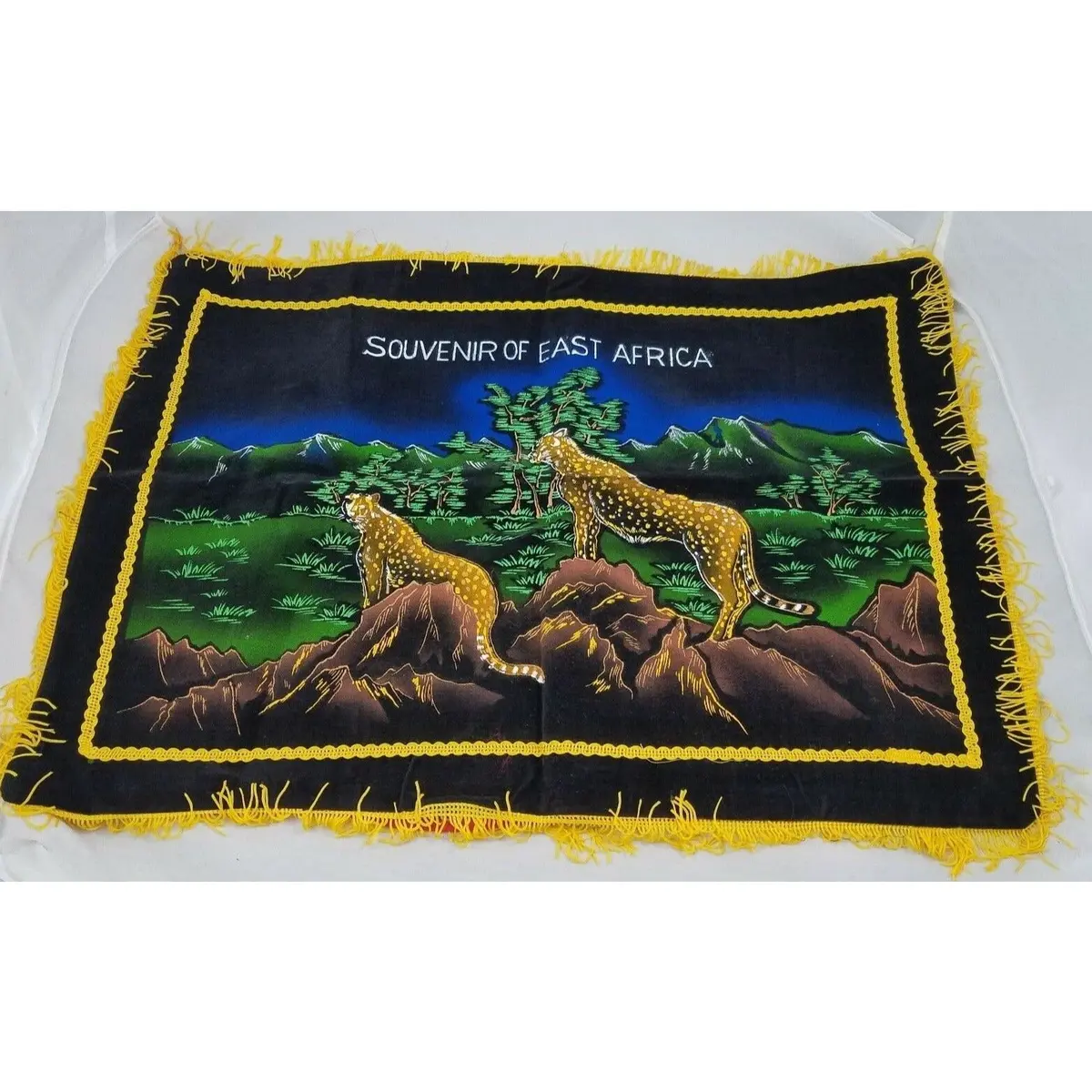 50S Souvenir East Africa Cheetah Leopard Hand Painted Black Velvet Pillow Cover 1