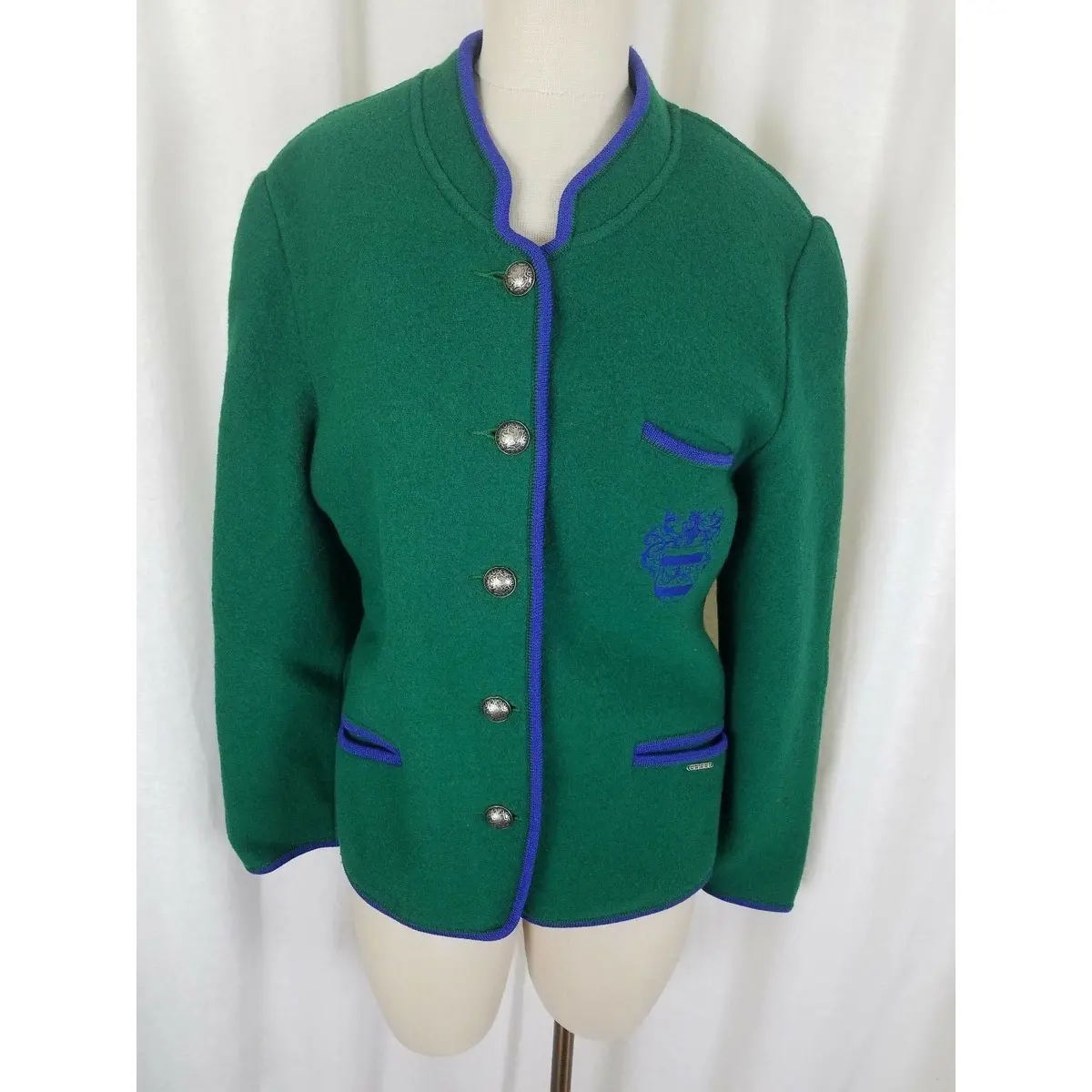 Geiger Austria Boiled Wool Crest Button Sweater Jacket Blazer Womens Green 38 8 1