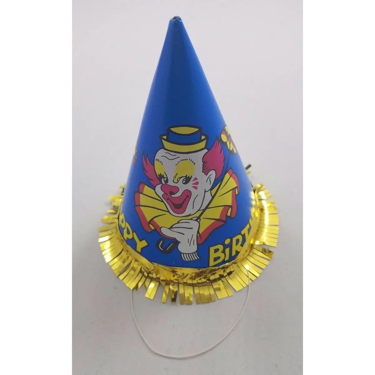 Vintage Circus Clown Happy Birthday Party Paper Cone Hats Blue Bozo Gold Fringe 1