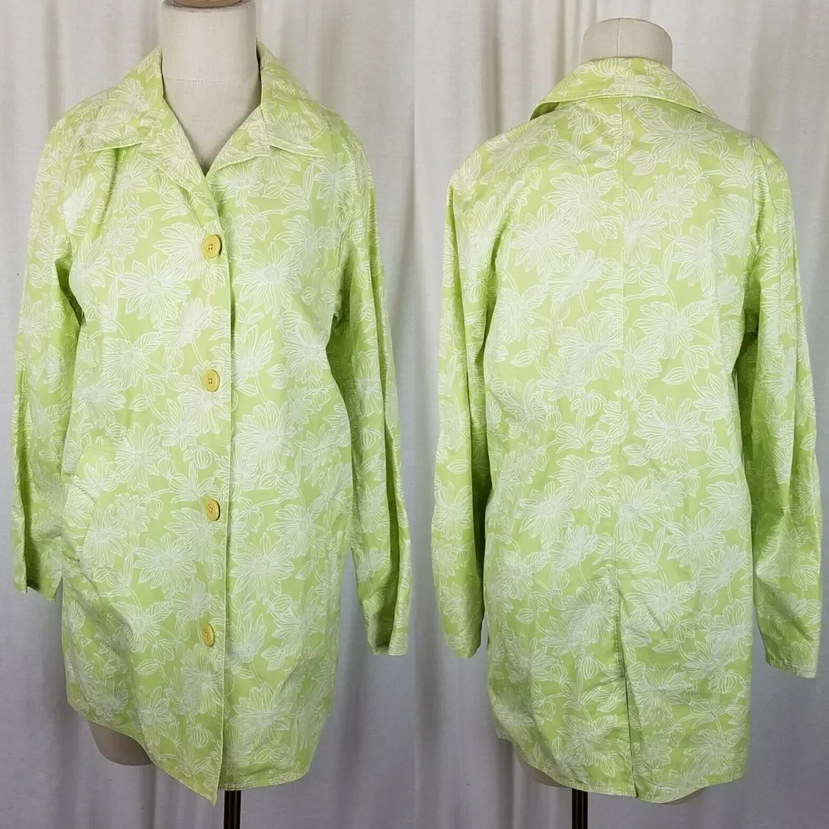 Ll Bean Floral All Weather Cotton Barn Trench Coat Womens S Lime Green Oapx8 2