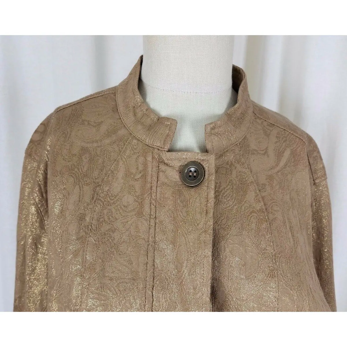 Chicos Embossed Gold Metallic Tapestry Moto Mandarin Bomber Jacket Womens 2 L 2