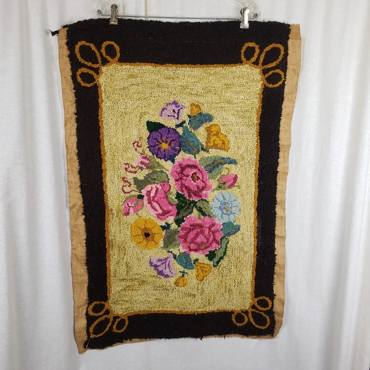 Vintage Antique Hand Hooked Floral Area Rug Mat Bathmat Door Entry 24X27 Wool 1