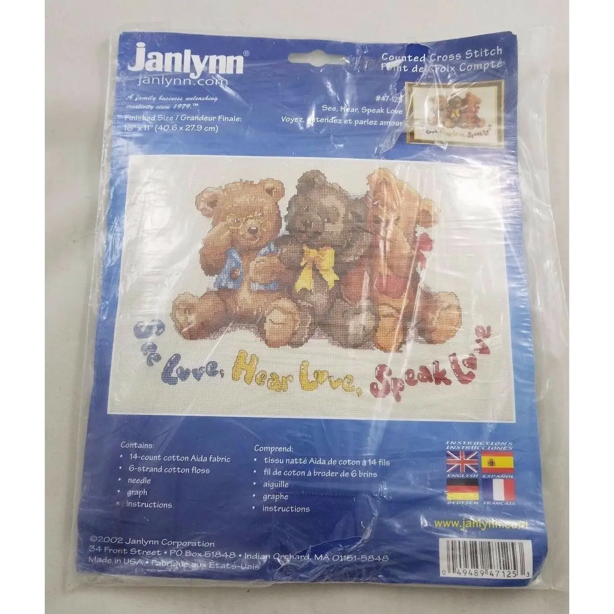 Janlynn Counted Cross Stitch Kit See Hear Speak Love #47-125 2002 Teddy Bears 1