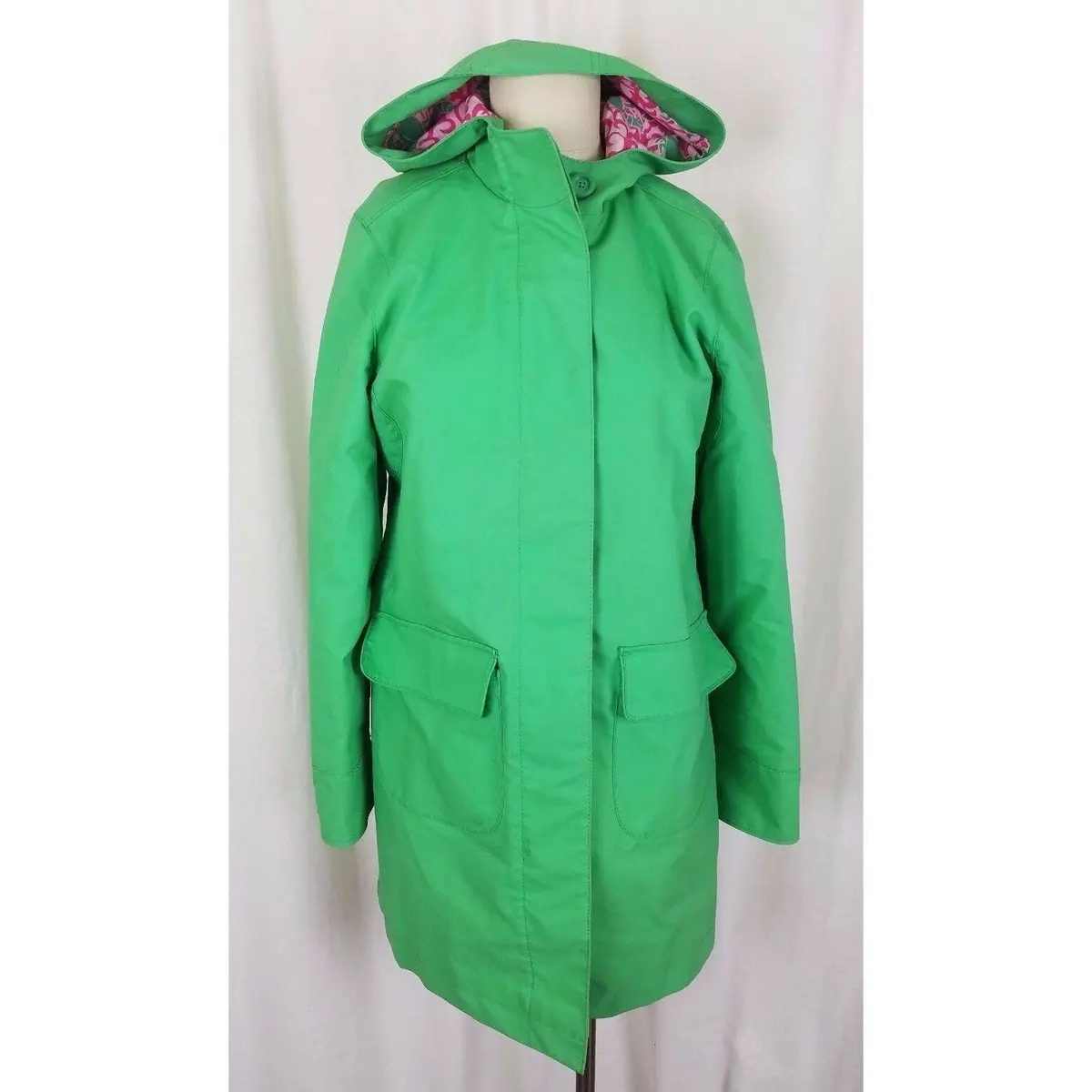 Ll Bean Hooded Spring Green Cotton All Weather Windbreaker Trench Coat Womens M 1