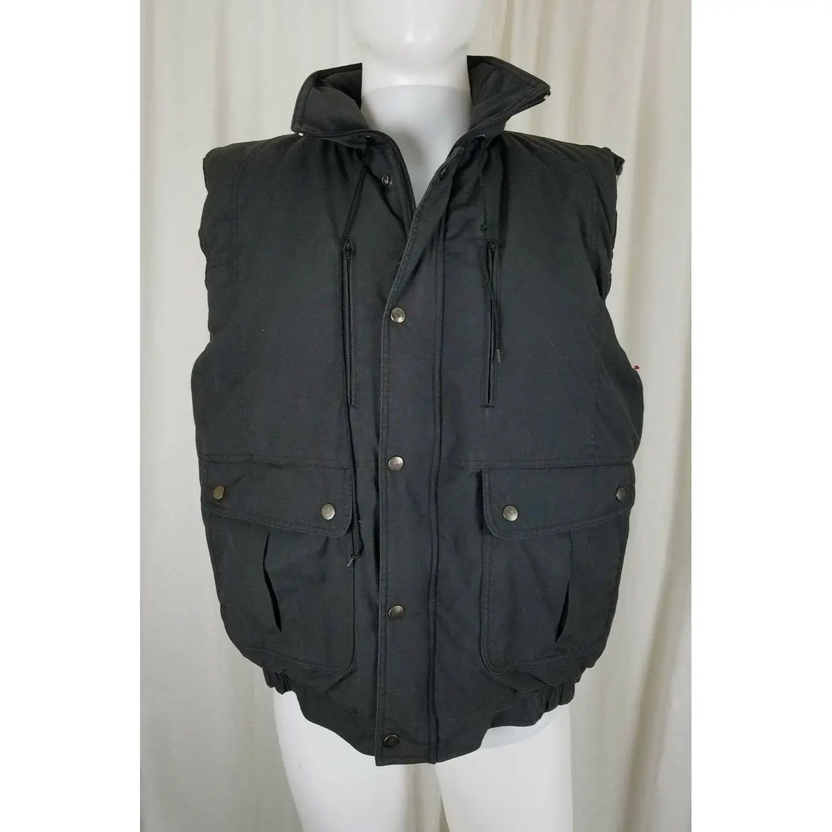Hugo Valentino Black Buffalo Plaid Flannel Lined Puffer Zip Up Vest Mens L Hood 1