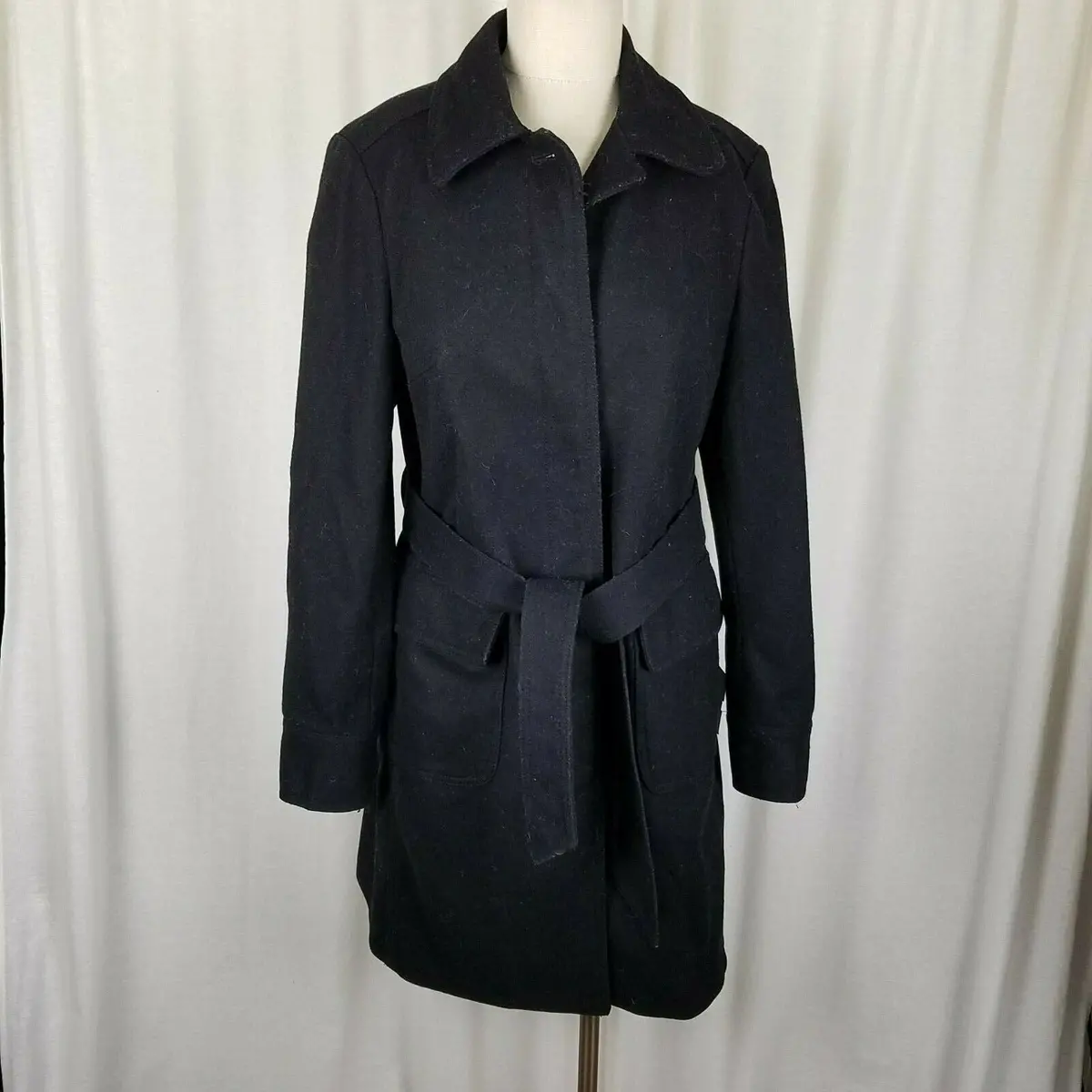 Gap Wool Blend Belted Tie Sash Trench Coat Peacoat Womens M Charcoal Gray 1