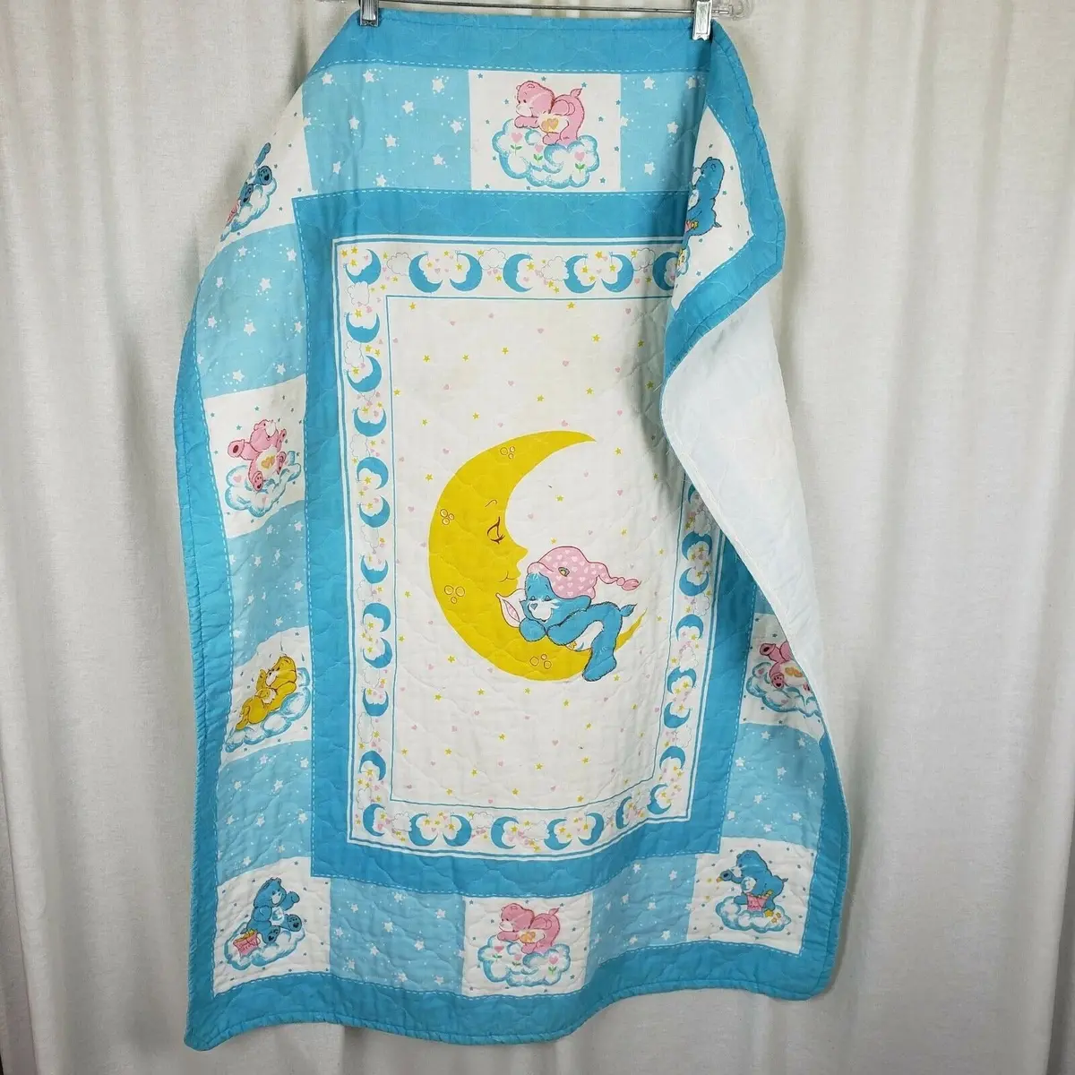 Vintage Care Bears Baby Quilt Wall Art Tapestry Patchwork Blanket Blue Pink 80S 1