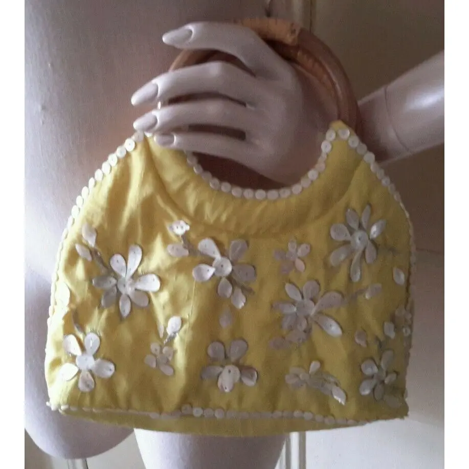 Yellow Floral Silk Sea Shells Wooden Handles Handbag Bag Clutch Purse Flowers 1