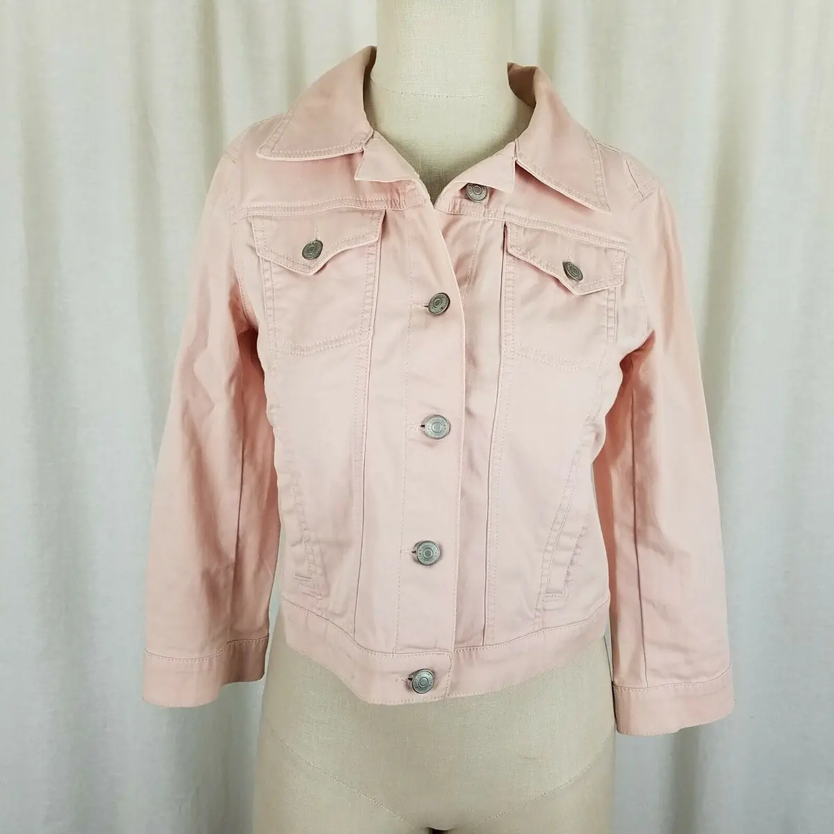 Ann Taylor Loft Baby Pink Cropped Trucker Denim Jean Jacket Womens Xs 3/4 Sleeve 1