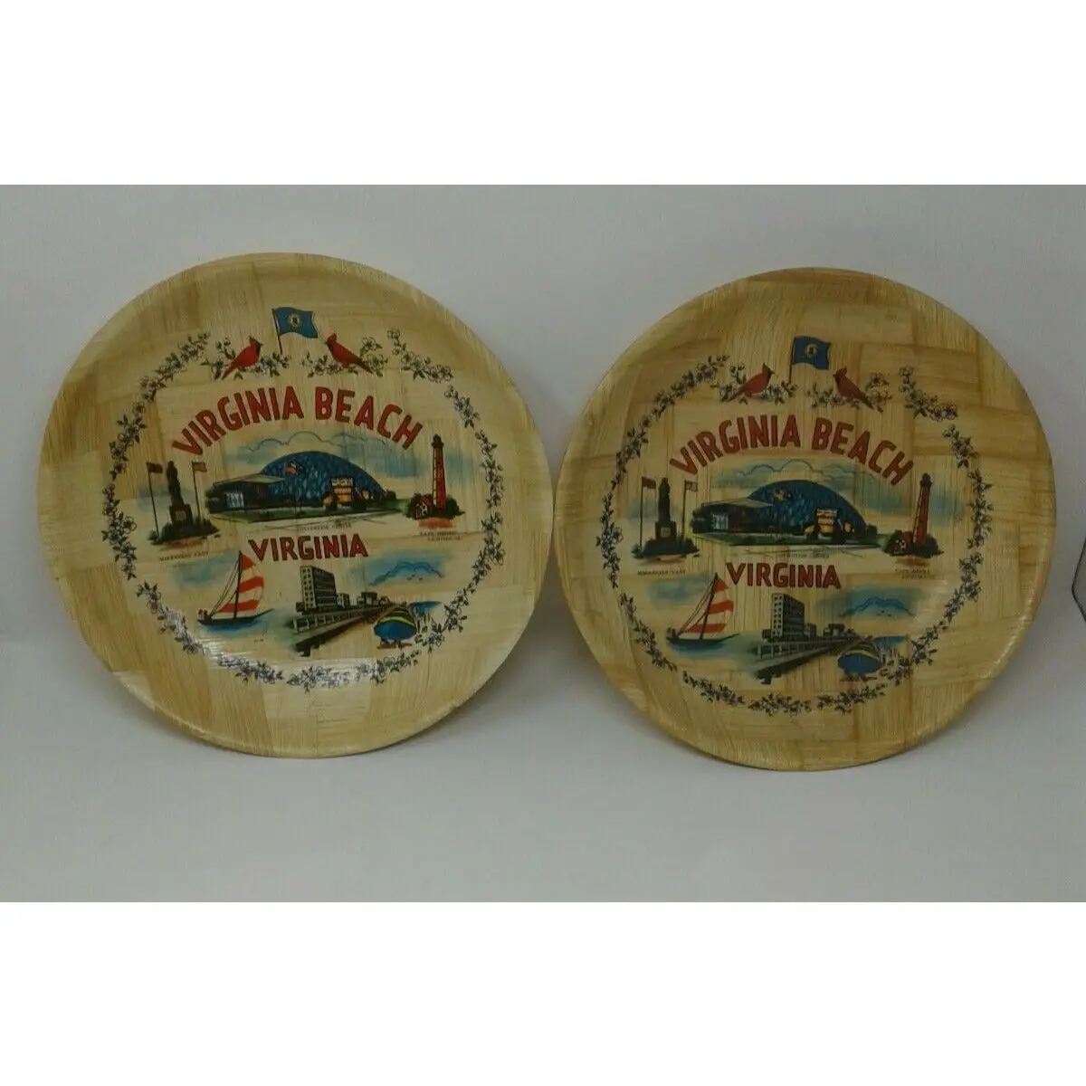 Vintage Virginia Beach Bamboo Bowls Souvenir Lighthouse Sailboat Flag Convention 1