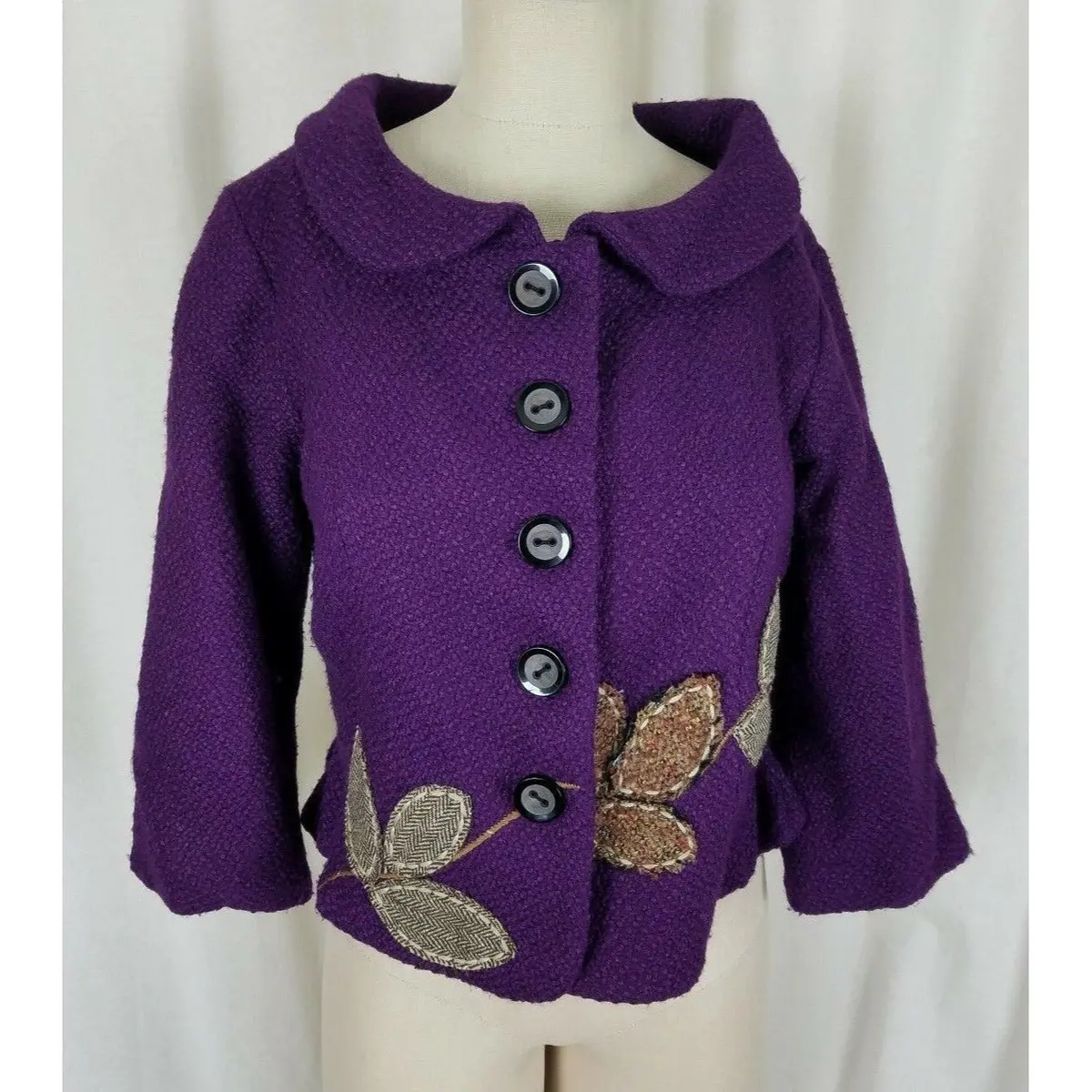 Anthropologie Nick & Mo Boat Neck Flower Applique Button Up Jacket Womens L Plum 1
