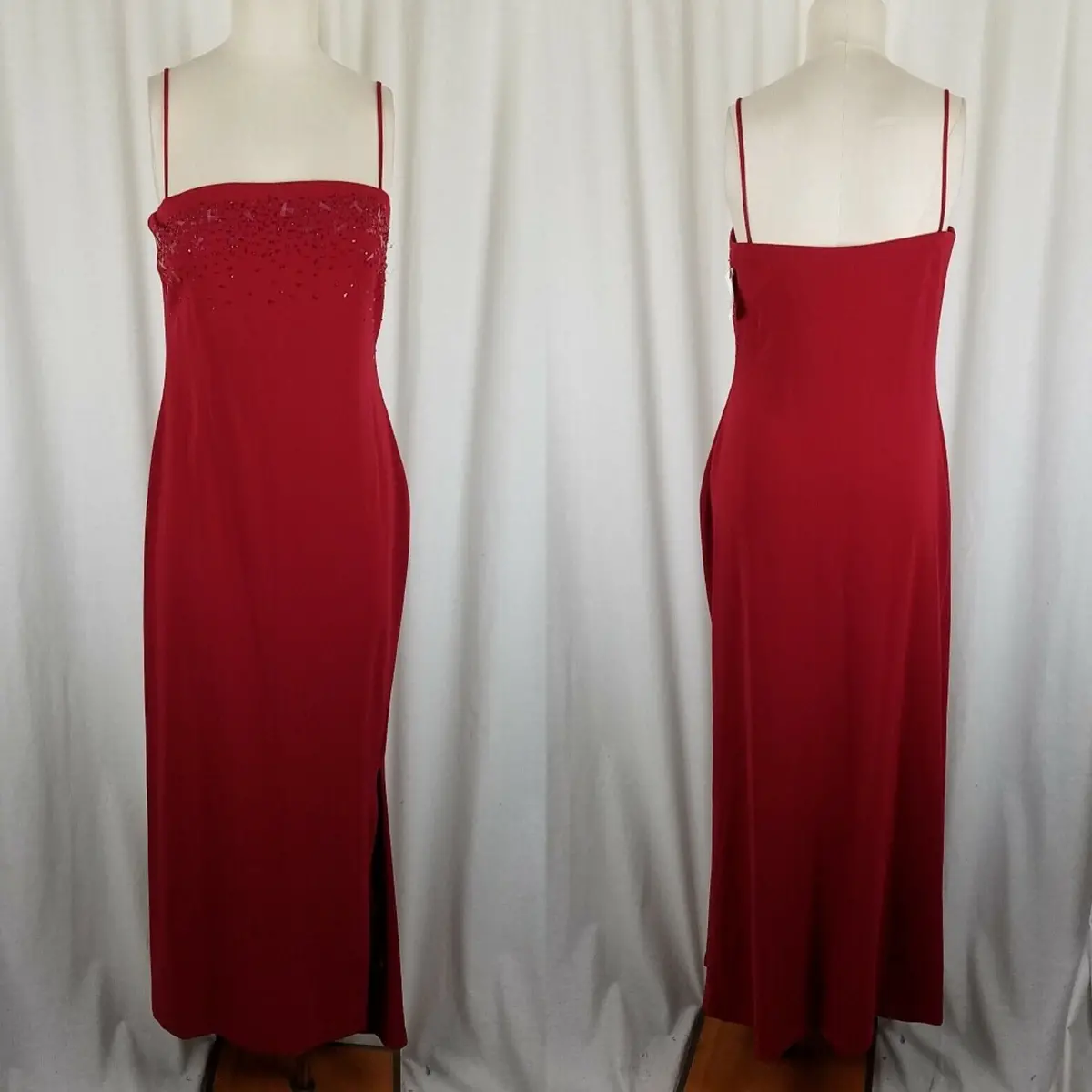 Tahari Petites Red Maxi Fitted Slinky Sexy Beaded Dress Womens 12P 80S Vintage 1