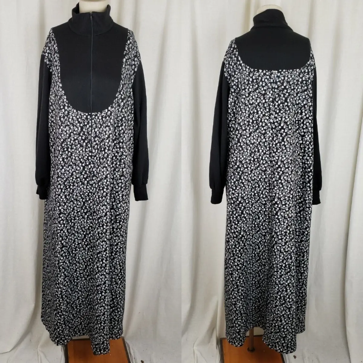 Vintage Robes Of California Black Floral Maxi Knit Robe Housedress Womens L Xl 1