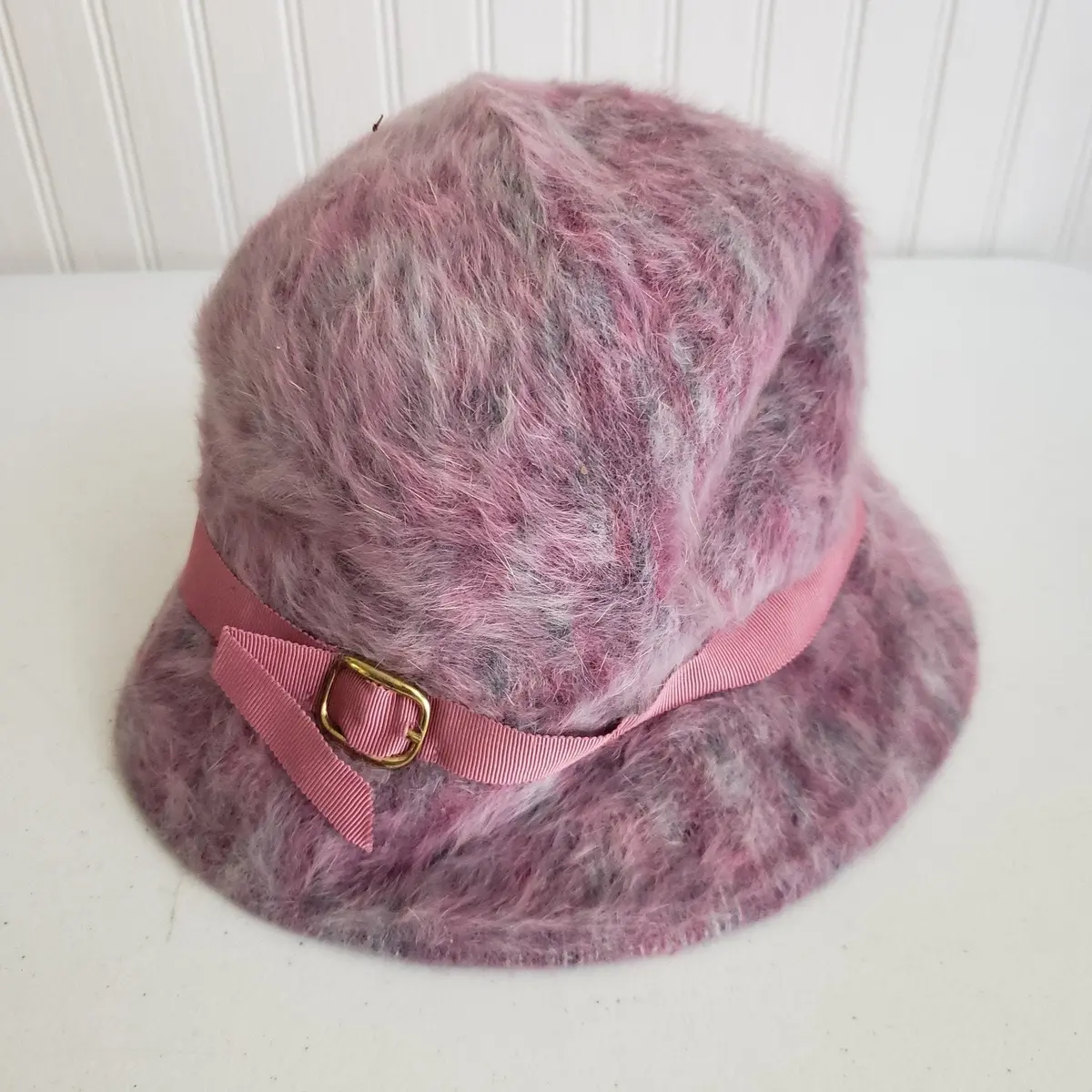 Vintage Kangol Cascade England Pink Angora Fur Bucket Hat Belted Womens England 1