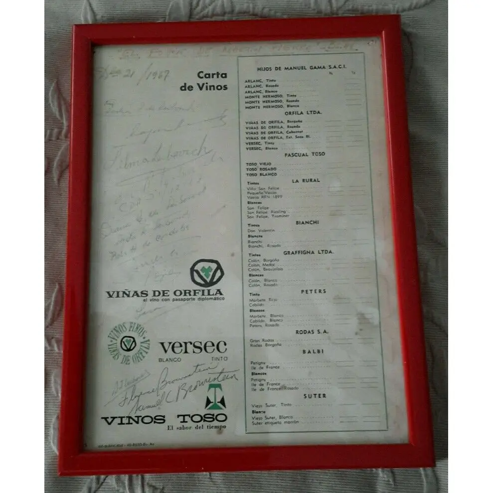 Carta De Vinos Dec 21 1967 Framed Wine List Vinos Orfila Toso Versec Signed Red 1