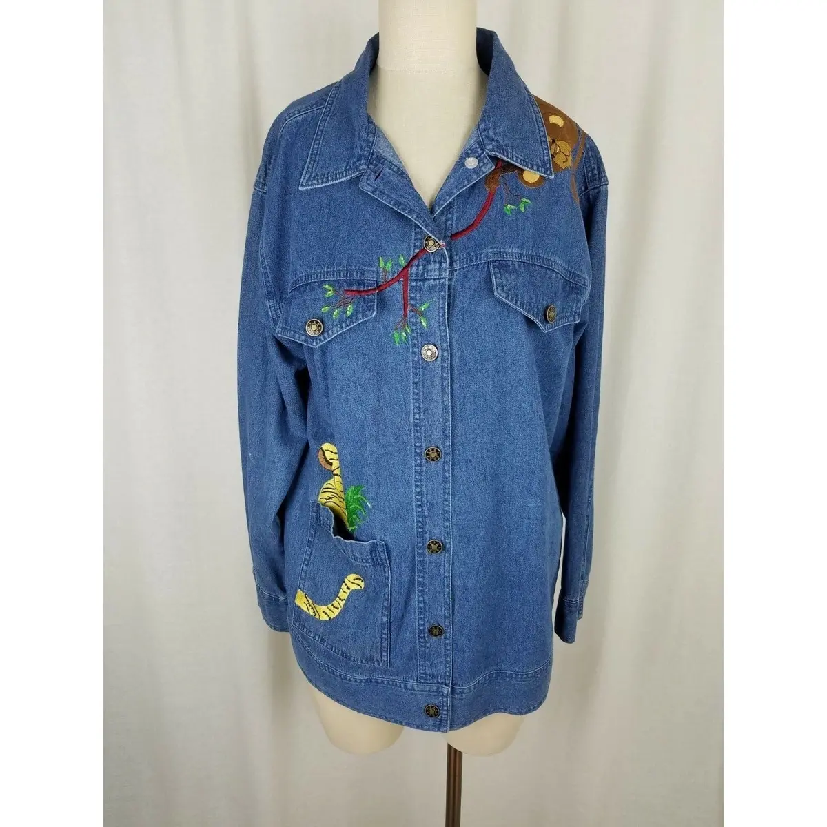 Quacker Factory Wild Jungle Zoo Animals Patch Denim Blue Jean Jacket Womens M 1