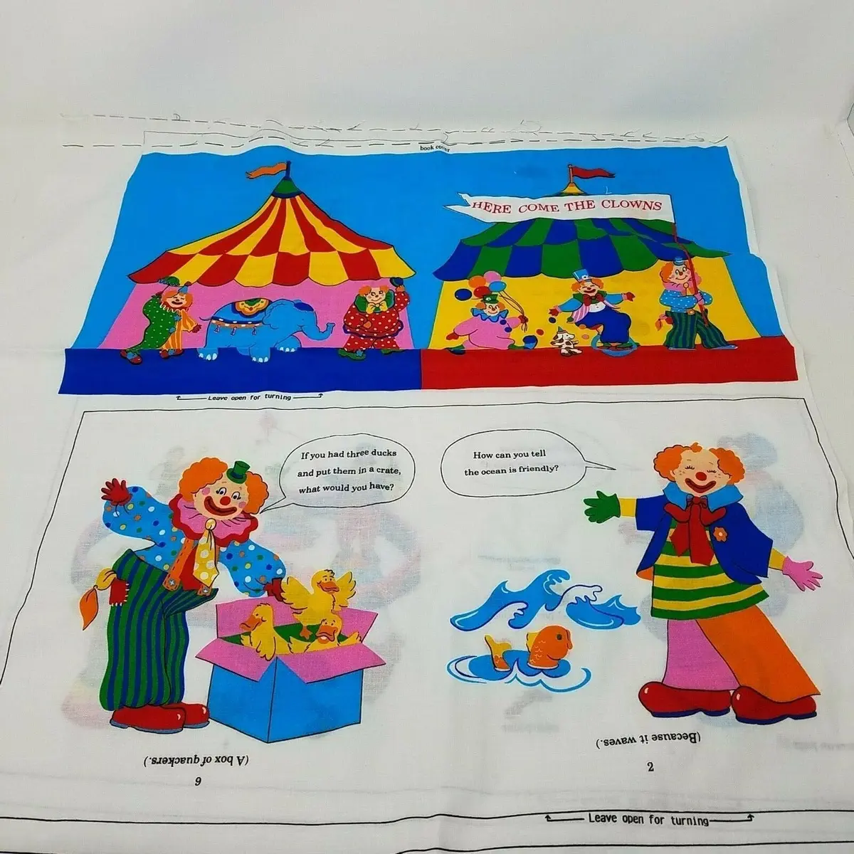 Here Come The Clowns Soft Cloth Book Cut & Sew Fabric Panel Vintage 1990S Infant 1