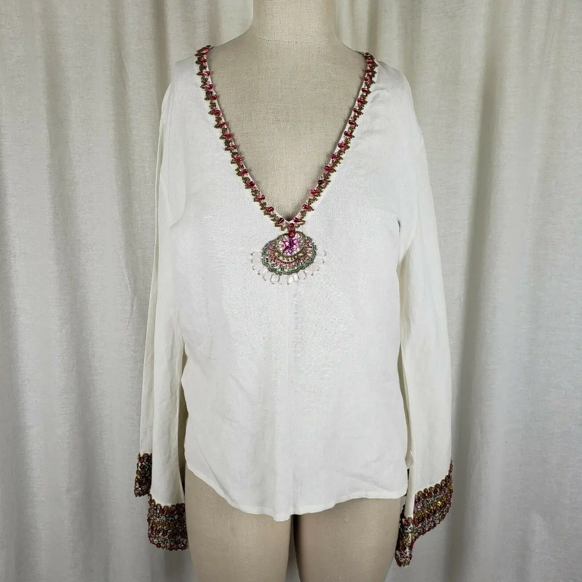 Inca Heavily Beaded Trim Linen Vneck Bell Sleeve Tunic Top Blouse Womens M India 1