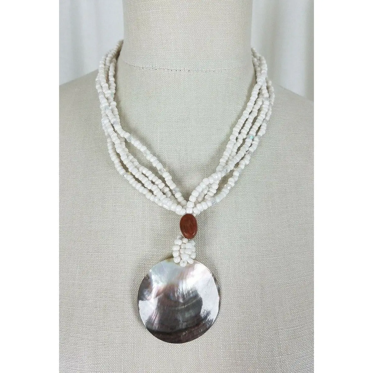 Avon Iridescent Mother Of Pearl Puka Shell Pendant Multi Strand Beaded Necklace 1