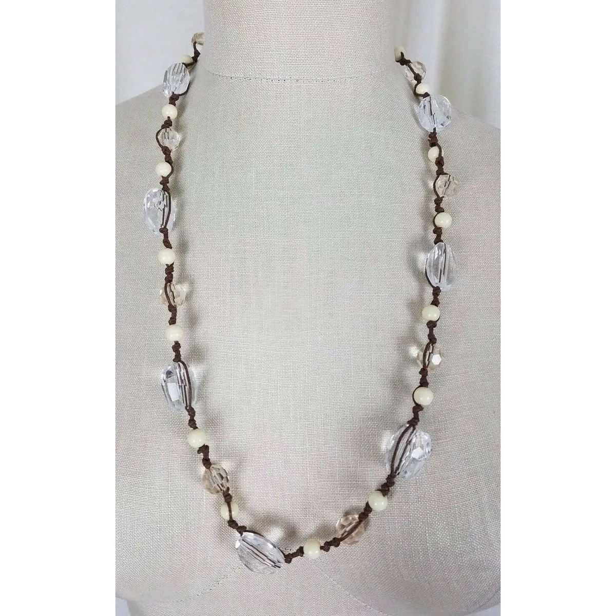 Vintage Lucite Glass Look Beads Beaded Single Strand Opera Length Necklace Facet 1